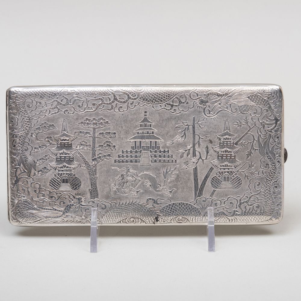 Appraisal: Chinese Export Silver Cigarette Case Engraved with Landscape Scenes Indistinctly