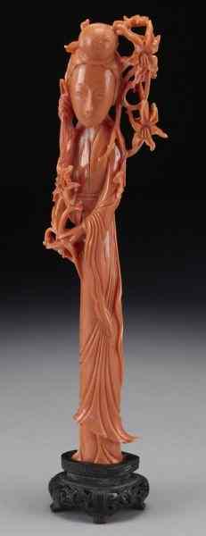 Appraisal: Chinese carved coral Guanyin with original box International buyers should