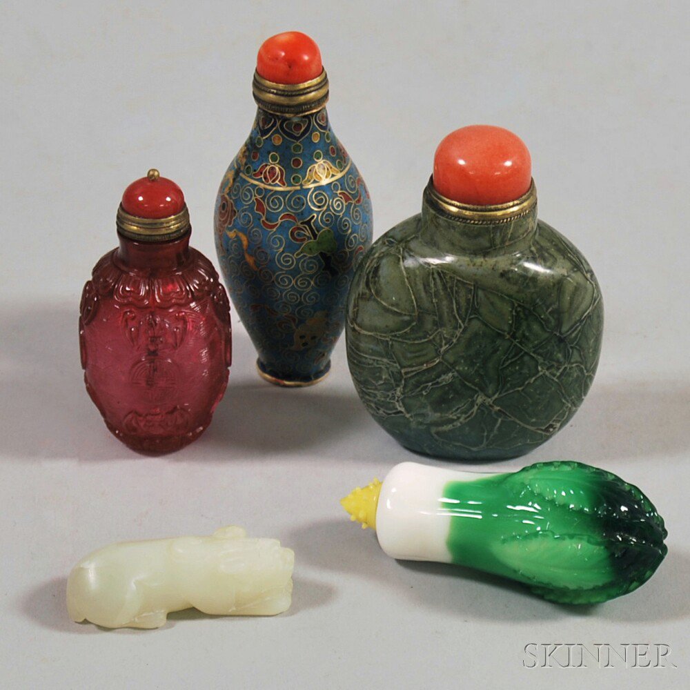 Appraisal: Four Snuff Bottles and a Small Jade Carving a sky