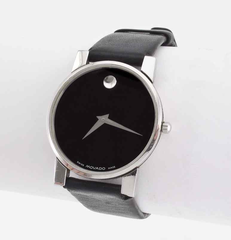 Appraisal: MOVADO MUSEUM WRISTWATCH Stainless steel black dial Movado leather band