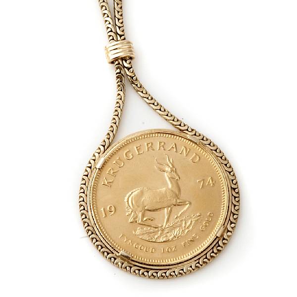 Appraisal: A Krugerrand gold coin pendant with k gold necklace gross