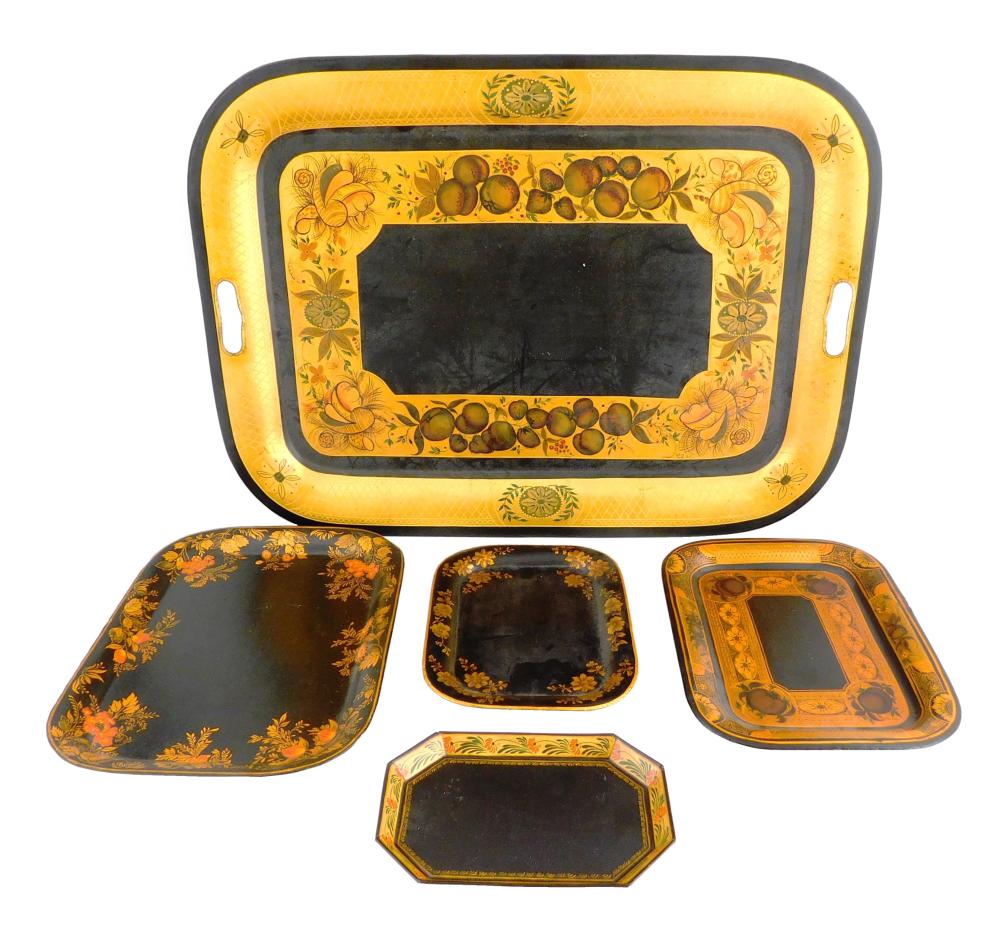 Appraisal: Toleware trays five pieces graduated in size with varied hand-painted