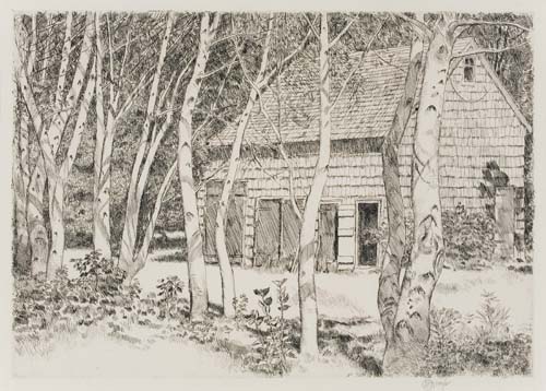 Appraisal: CHILDE HASSAM The Old Barn and Birches Etching x mm