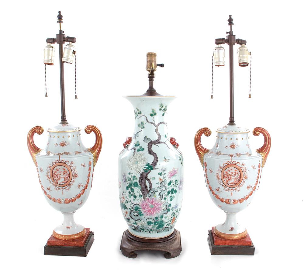 Appraisal: Chinese porcelain vase electrified circa together with pair Chinese Export