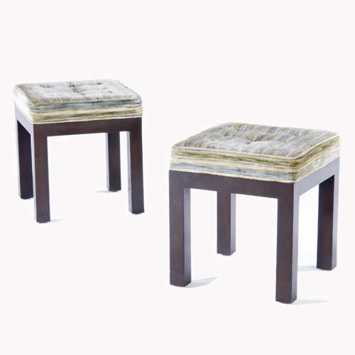 Appraisal: BAKER Pair of stools with striped velvet upholstery on painted