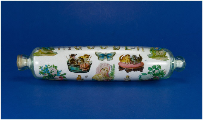 Appraisal: Glass Rolling Pin with Interior Decoupage 'Scraps' and the name