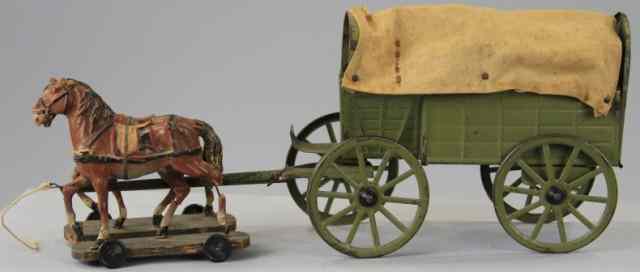 Appraisal: HAUSSER HORSE DRAWN COVERED WAGON Embossed tin wagon features cloth