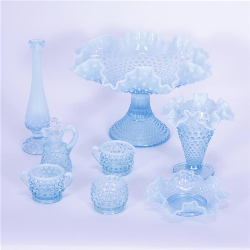 Appraisal: Eight Blue Opalescent Glass Hobnail Set H x W