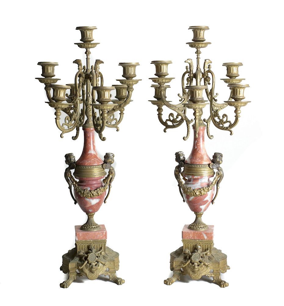 Appraisal: Pair of Marble Bronze Candelabras A pair of marble and