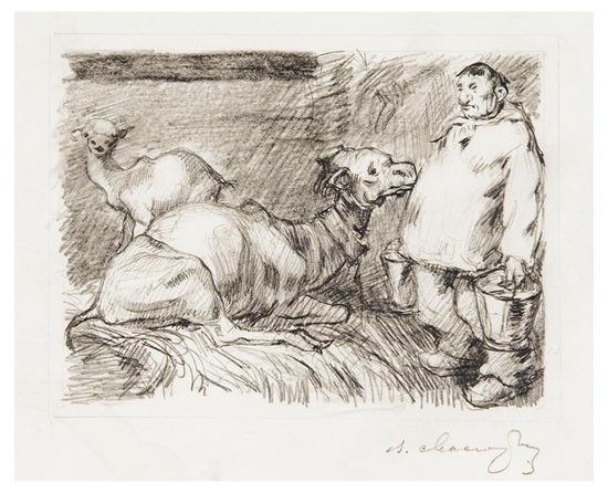 Appraisal: MASJUTIN Vassili Nikolayevich - Two drawings c Untitled Farmer feeding