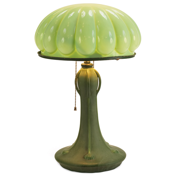 Appraisal: Hampshire lamp base floral design green matte glaze with green