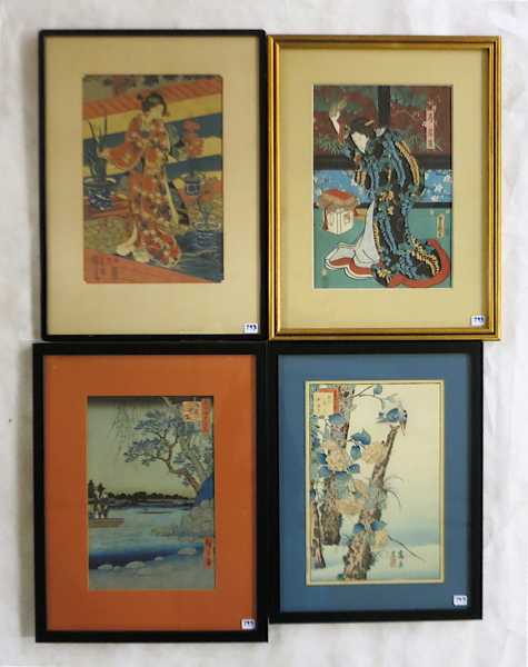 Appraisal: FOUR JAPANESE WOODCUTS Nakayama Sugakudo th century Kingfisher Hiroshige -