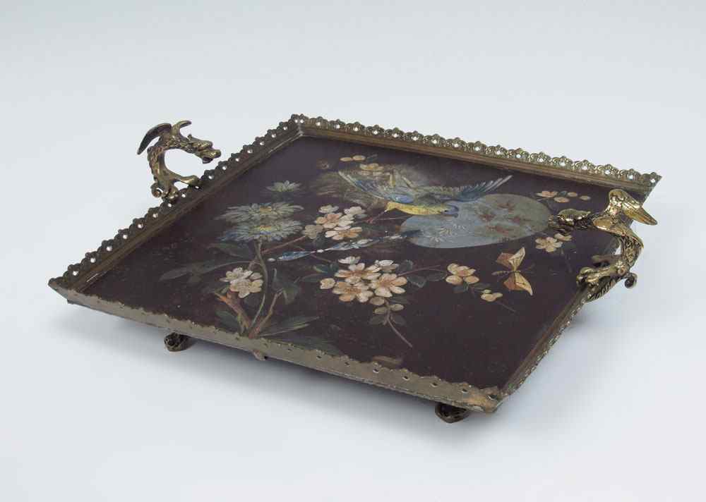 Appraisal: TH C ENAMELED TRAY Reticulated brass frame with dragon handles