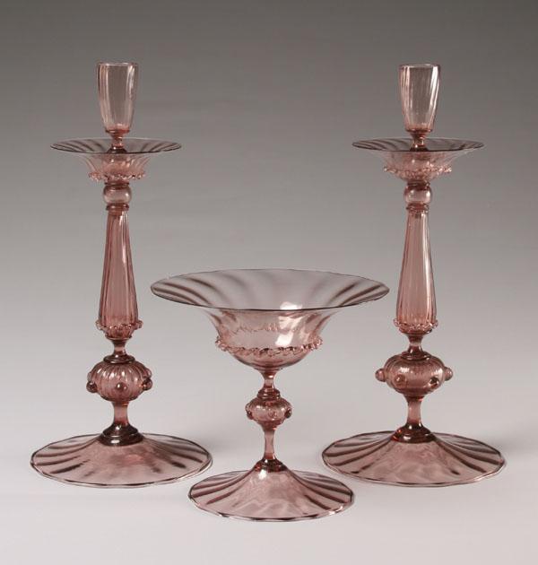 Appraisal: MVM Cappellin Soffiati art glass console set c Center bowl