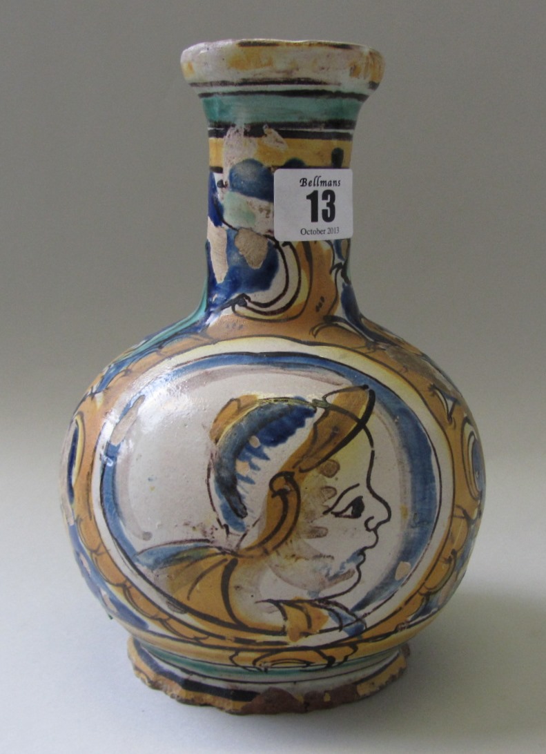 Appraisal: An Italian maiolica bottle vase probably Gerace th century painted