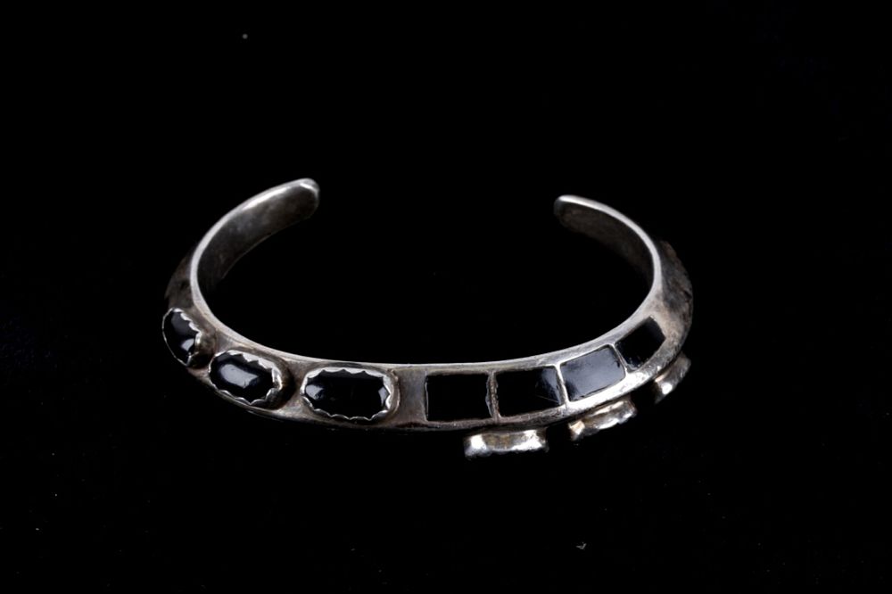 Appraisal: Navajo Sterling Onyx Cabochon Inlaid Bracelet For your consideration is