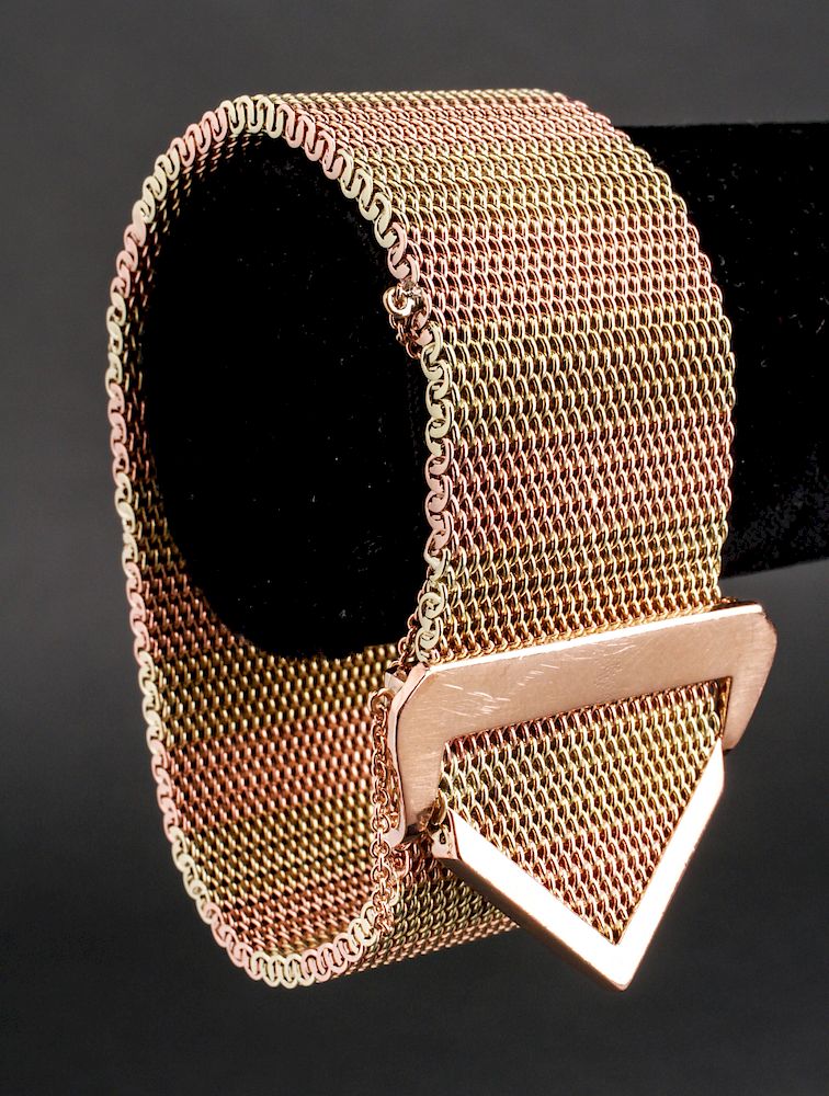 Appraisal: K Gold Two-Tone Wide Mesh Buckle Bracelet K gold two-tone