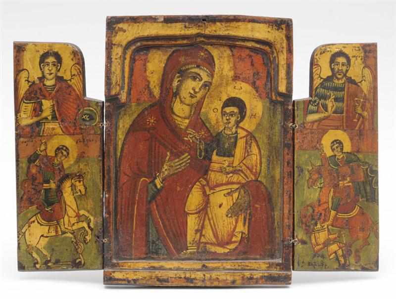 Appraisal: GREEK ICON TRIPTYCH Painting on wood the central panel with