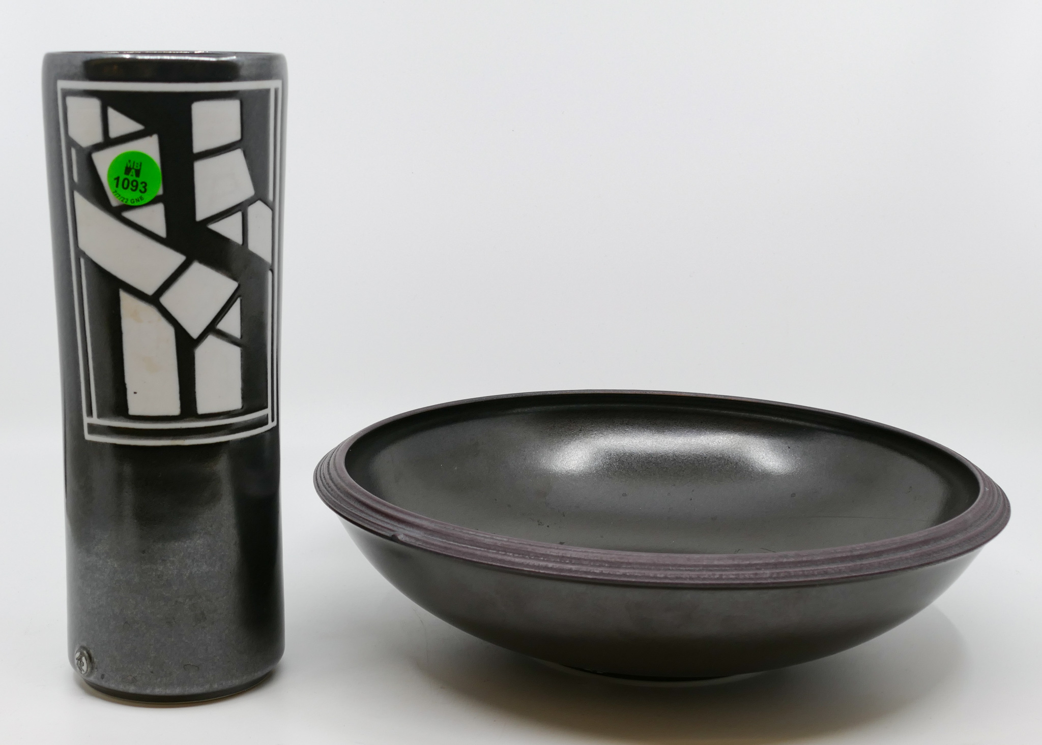 Appraisal: pc Reid Ozaki Black Pottery Vase and Bowl '' and