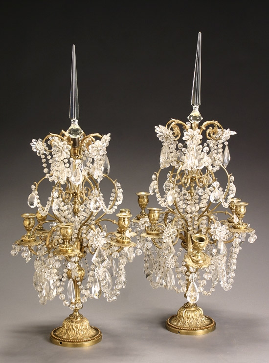 Appraisal: Pair of Continental Ormolu and Faceted Glass Six-Light Candelabra Circa