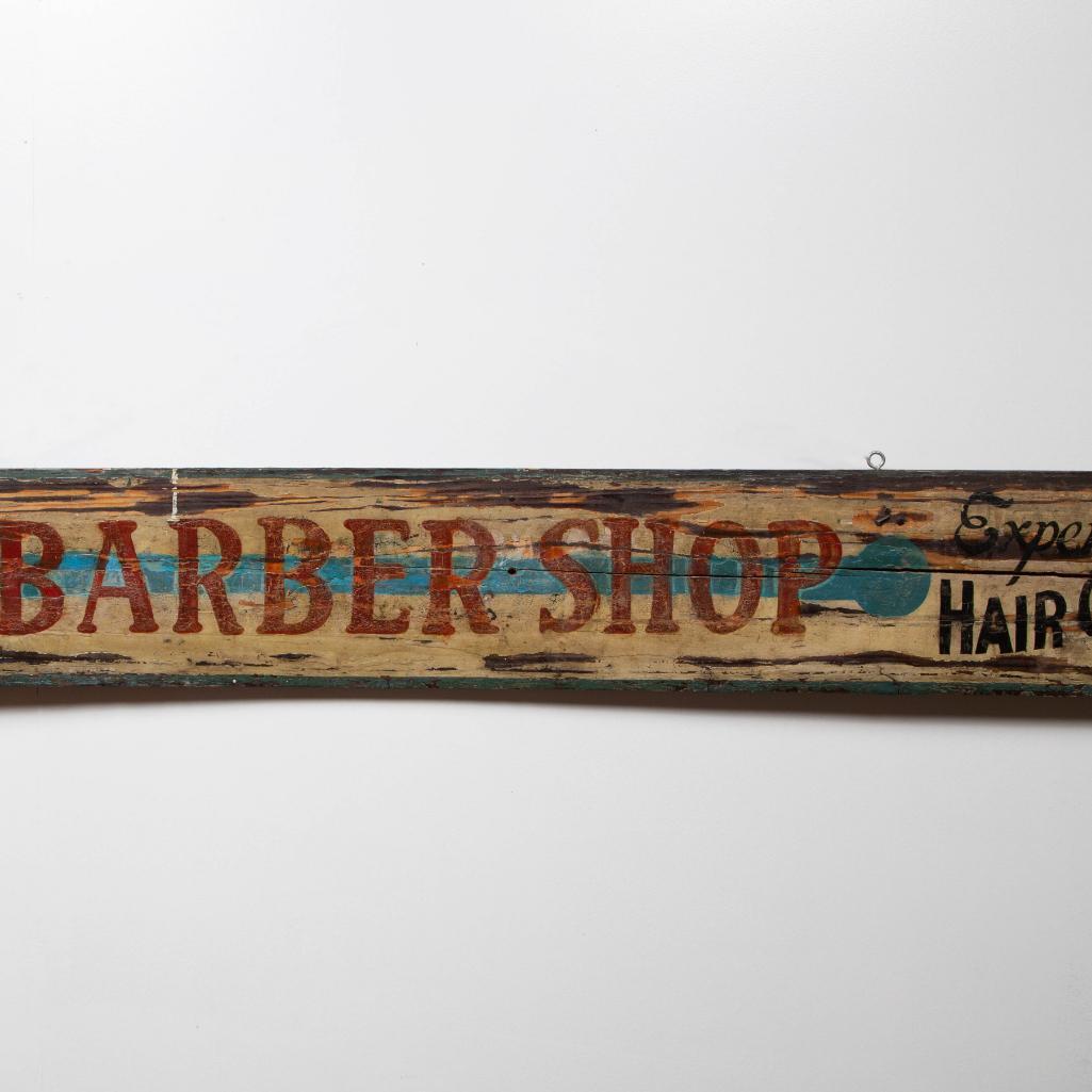 Appraisal: A HAND-PAINTED TRADE SIGN FOR BARBERSHOP TH C Hand-painted board