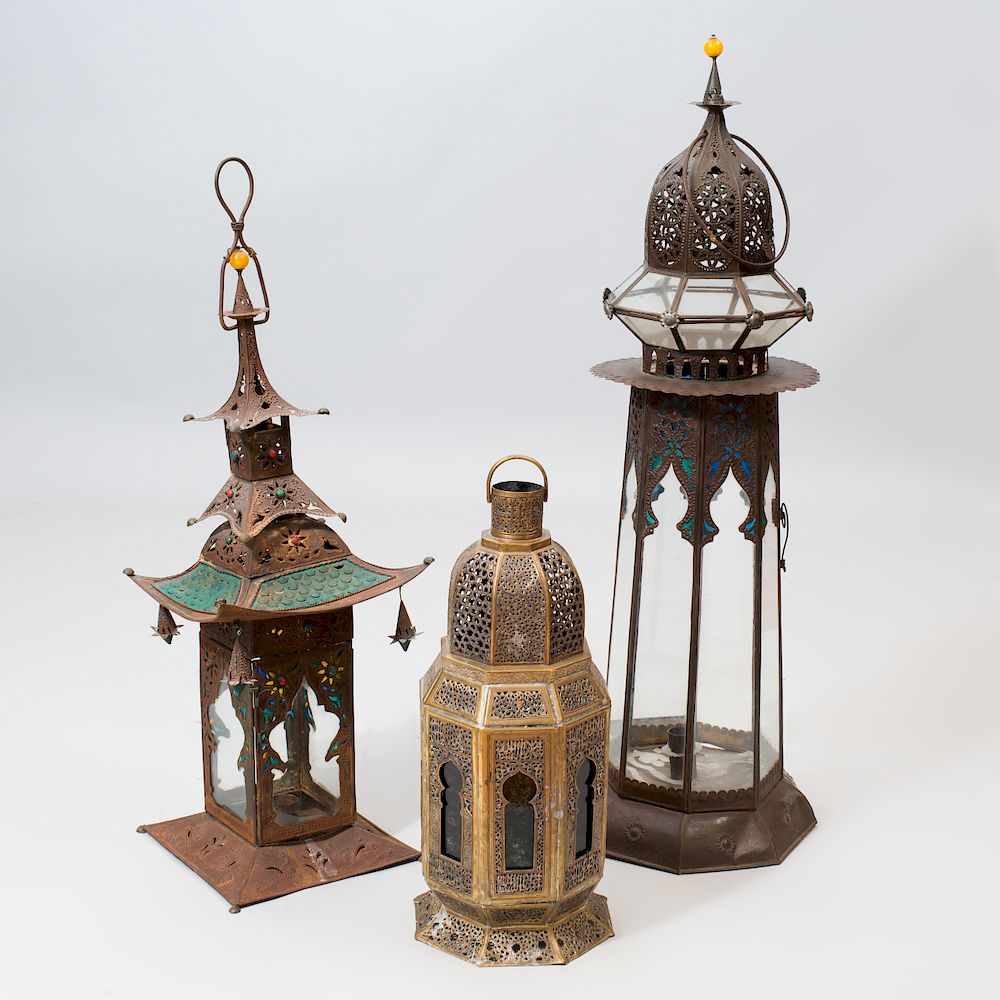 Appraisal: Three Moorish Style Metal and Glass Lanterns The largest x