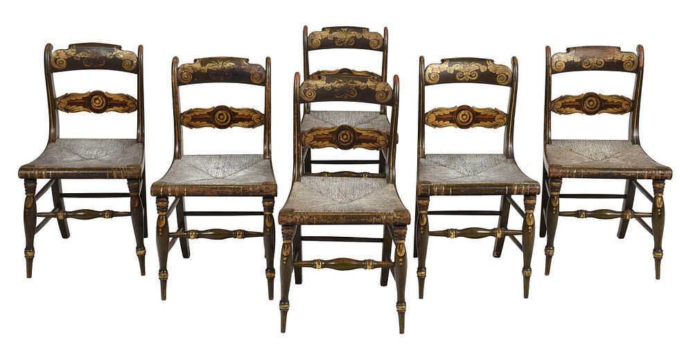 Appraisal: Six Classical Painted Rush Seat Chairs probably American circa s