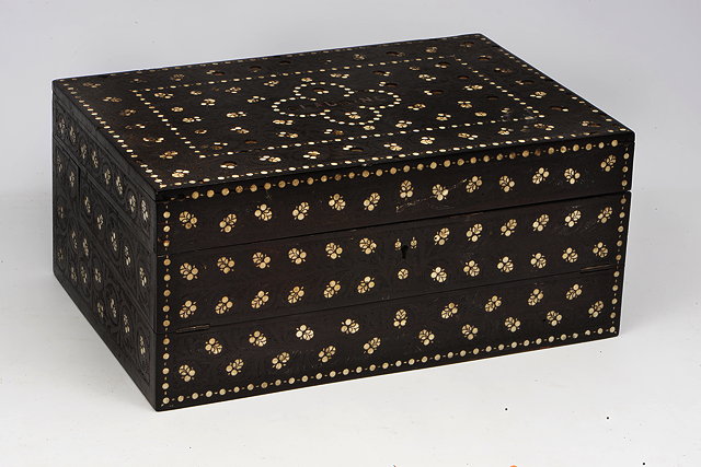 Appraisal: AN ANTIQUE ANGLO-INDIAN EBONY WRITING BOX with carved and ivory