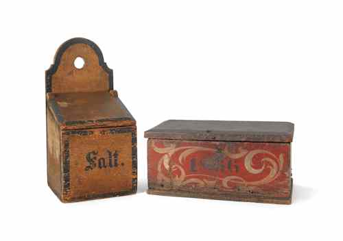 Appraisal: Painted pine document box with centered by foliate scroll together