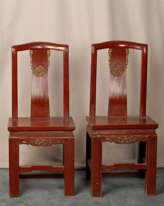 Appraisal: A Pair of Chinese Red Lacquer Side Chairs each with