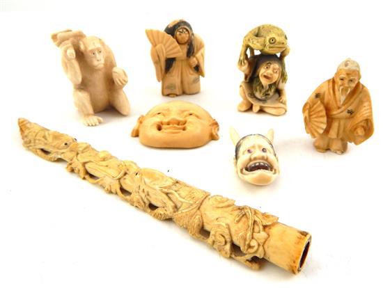 Appraisal: ASIAN Six th C Asian ivory netsukes and carved pipe