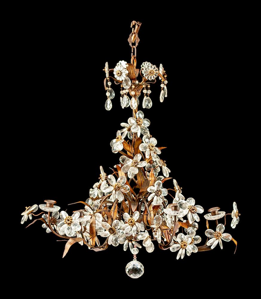 Appraisal: An Italian Wrought Iron and Cut Glass Six-Light Chandelier An