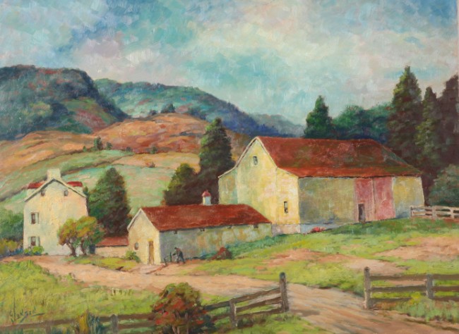 Appraisal: Landscape with barn oil on masonite x SLL G Jensen