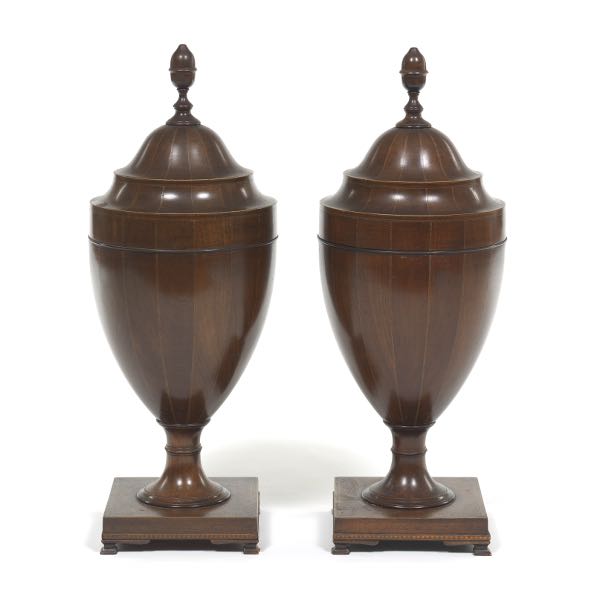 Appraisal: PAIR OF GEORGIAN STYLE CUTLERY URNS x Fashioned with turned