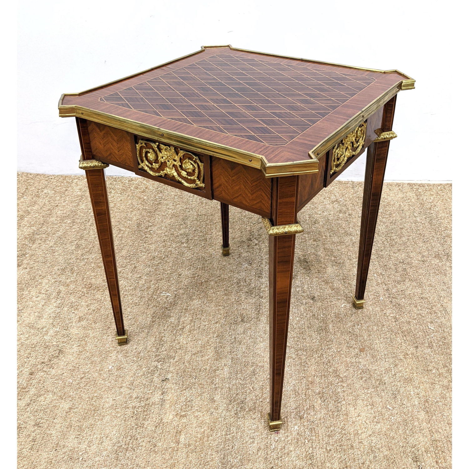 Appraisal: Parquetry Inlaid French style Side Table Gilt Ormolu Trim Details