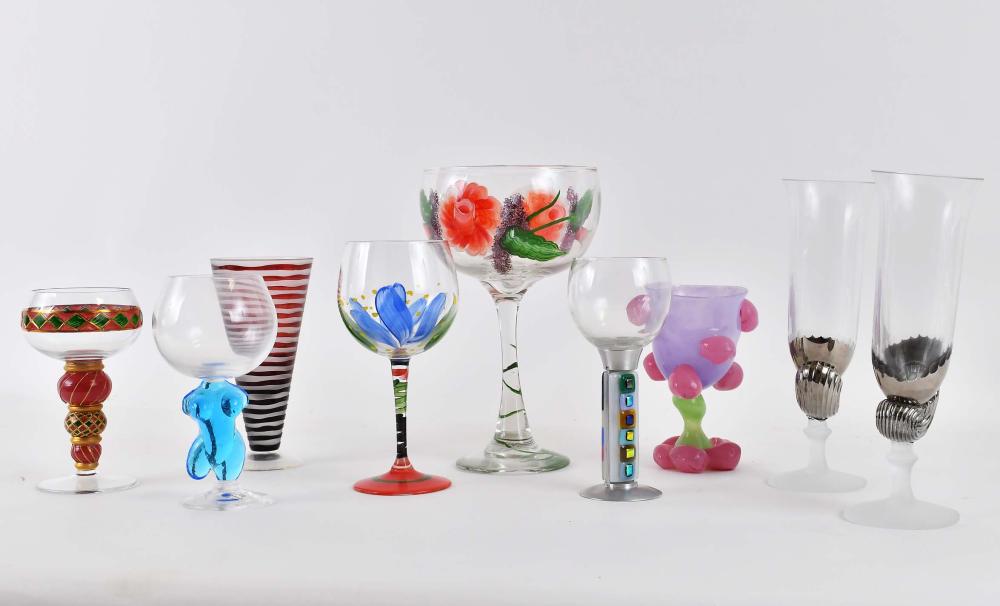 Appraisal: NINE VARIOUSLY DECORATED DRINKS GLASSESModern Including a pair of partially