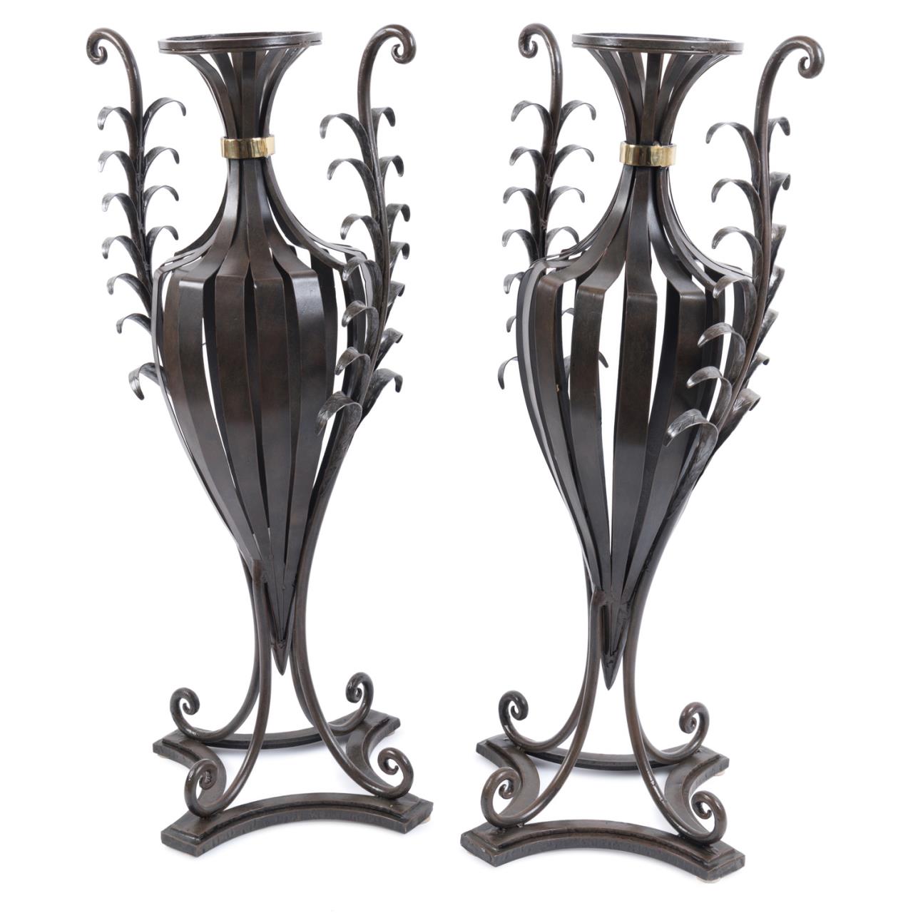 Appraisal: PAIR WROUGHT IRON 'FERN' URNS Pair of wrought iron 'Fern'