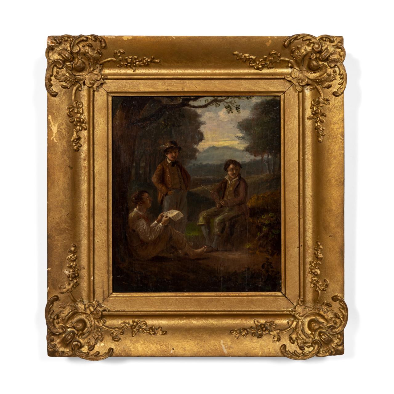 Appraisal: TH C BRITISH SCHOOL FIGURES IN LANDSCAPE OIL British School