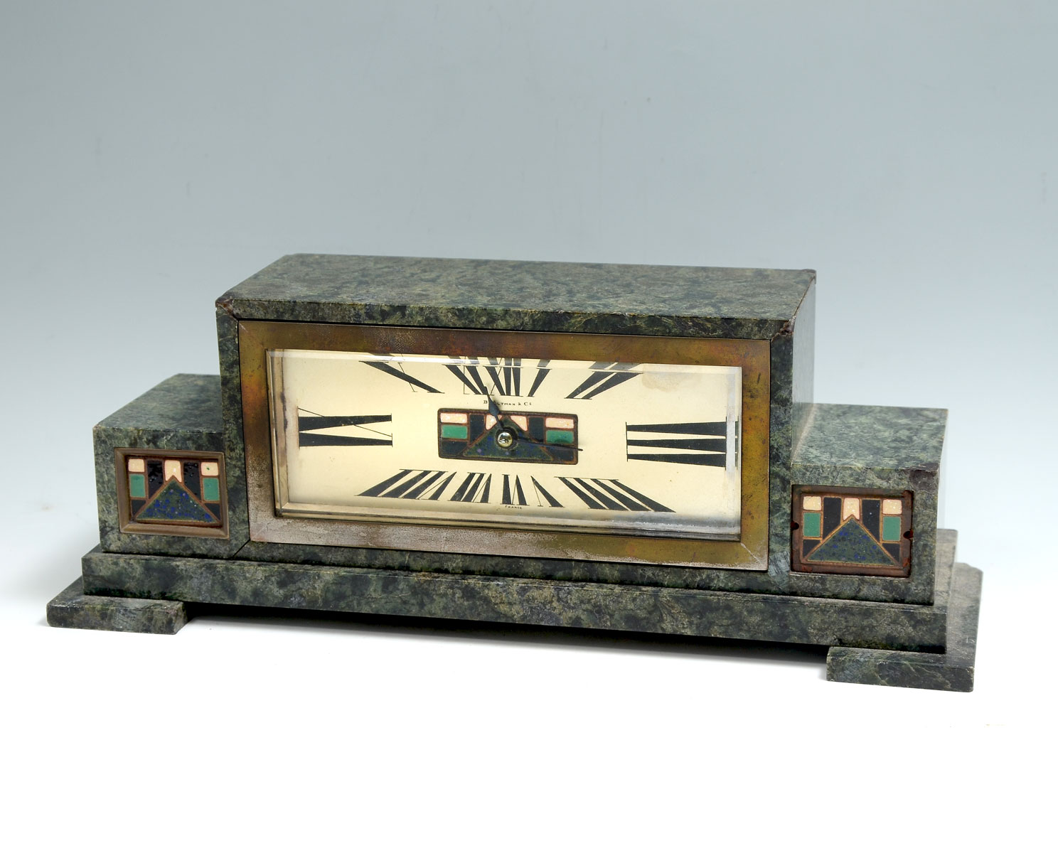 Appraisal: ART DECO MARBLE ENAMELED-COPPER FRENCH MANTLE CLOCK Art deco jewel