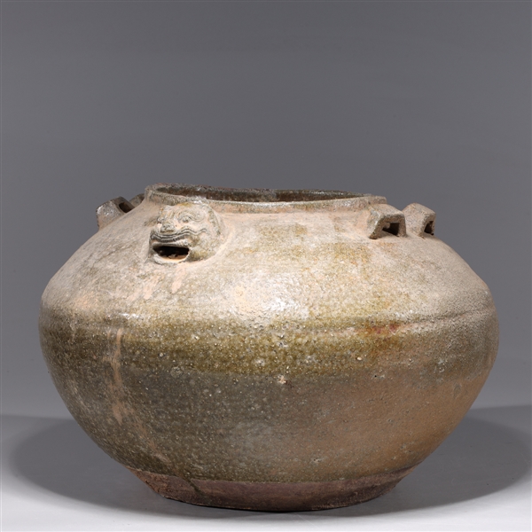 Appraisal: Chinese early style ceramic vessel with molded animal head and