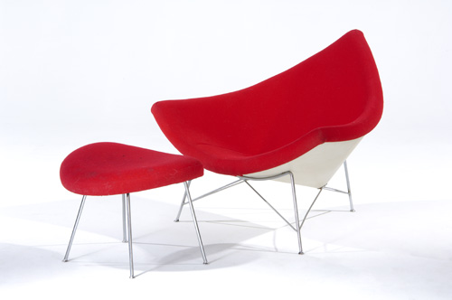 Appraisal: GEORGE NELSON Coconut chair and ottoman upholstered in red wool