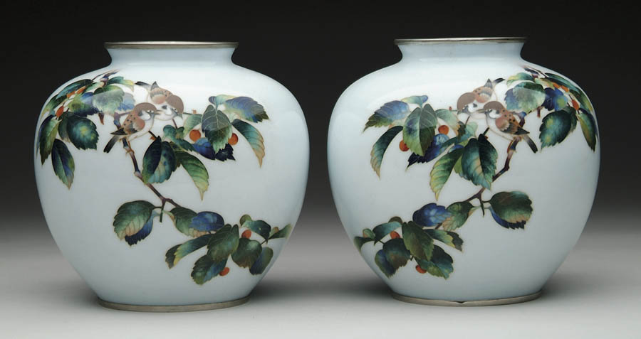 Appraisal: FINE PAIR OF CLOISONN VASES Pale blue to white ground