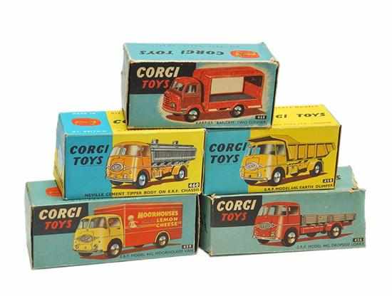 Appraisal: FIVE CORGI COMMERCIAL VEHICLES INCLUDING AND E-M BOXES P-E