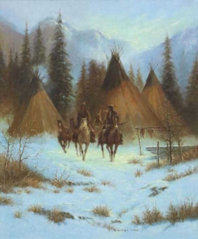 Appraisal: Framed oil on canvas painting Seeking Winter Meat signed lower