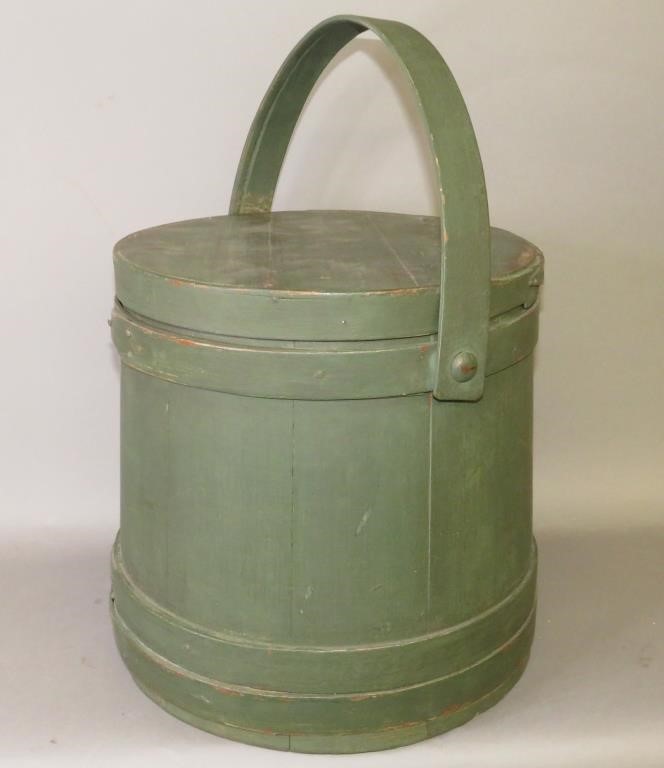 Appraisal: GREEN PAINTED SOFTWOOD LIDDED FIRKINca late th-early th century pine