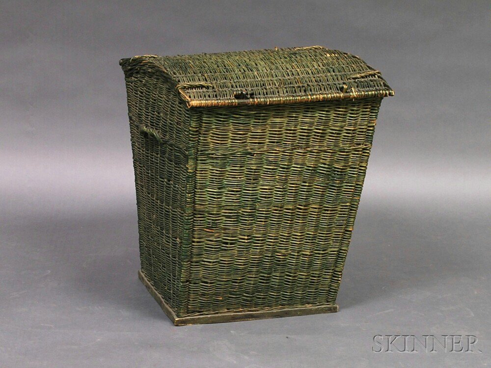 Appraisal: Green-stained Woven Wicker Dome-top Lidded Hamper ht lg wd in