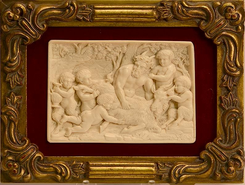 Appraisal: Well carved th C ivory plaque of satyr figures with