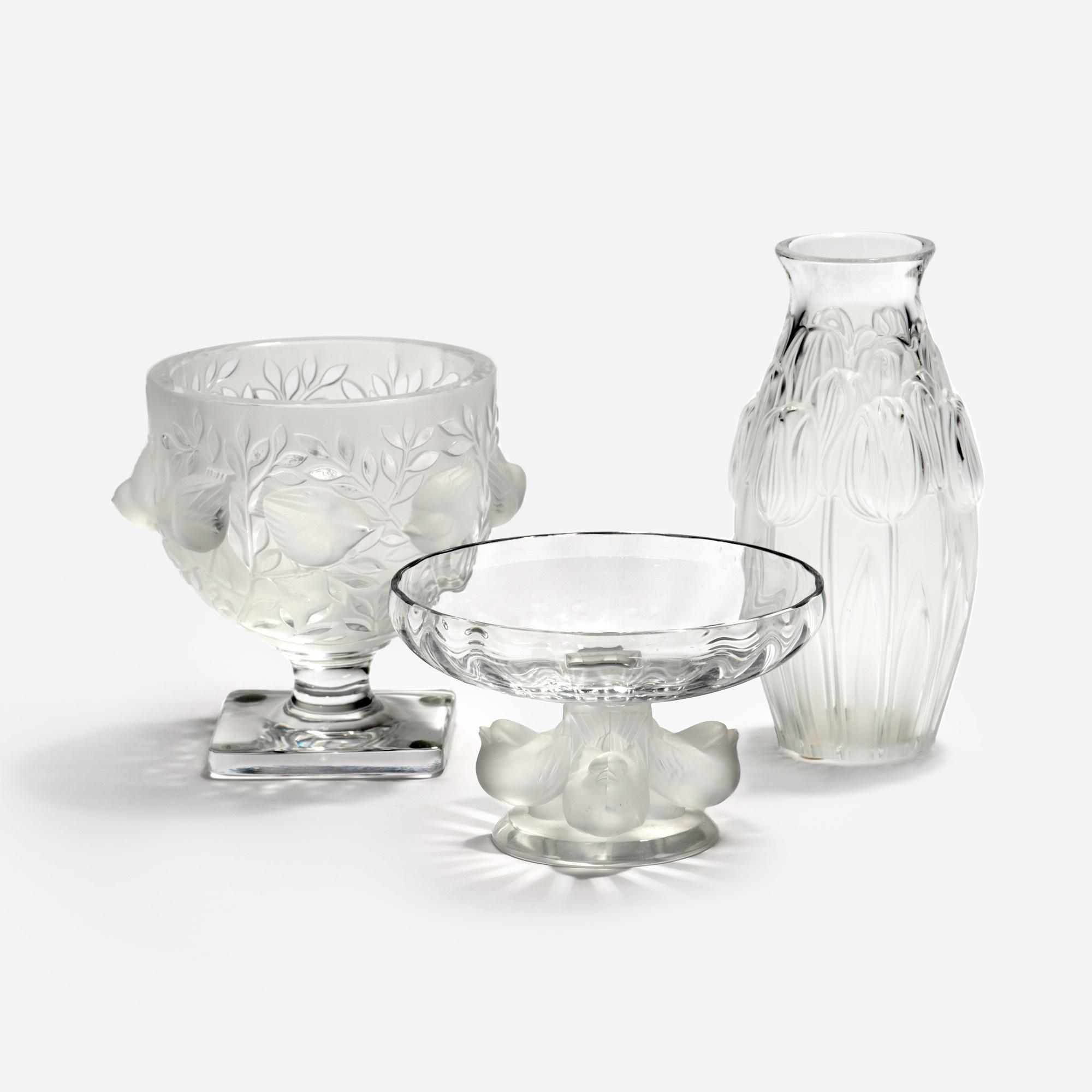 Appraisal: THREE LALIQUE GLASS ARTICLES Three assorted Lalique frosted glass articles