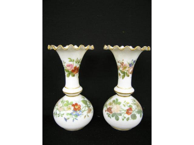 Appraisal: Pair of French Opaline Art Glass Vases handpainted florals circa