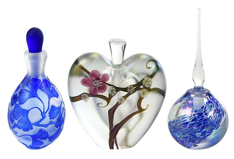 Appraisal: Three Signed Contemporary Perfume Bottles one blue cameo glass with